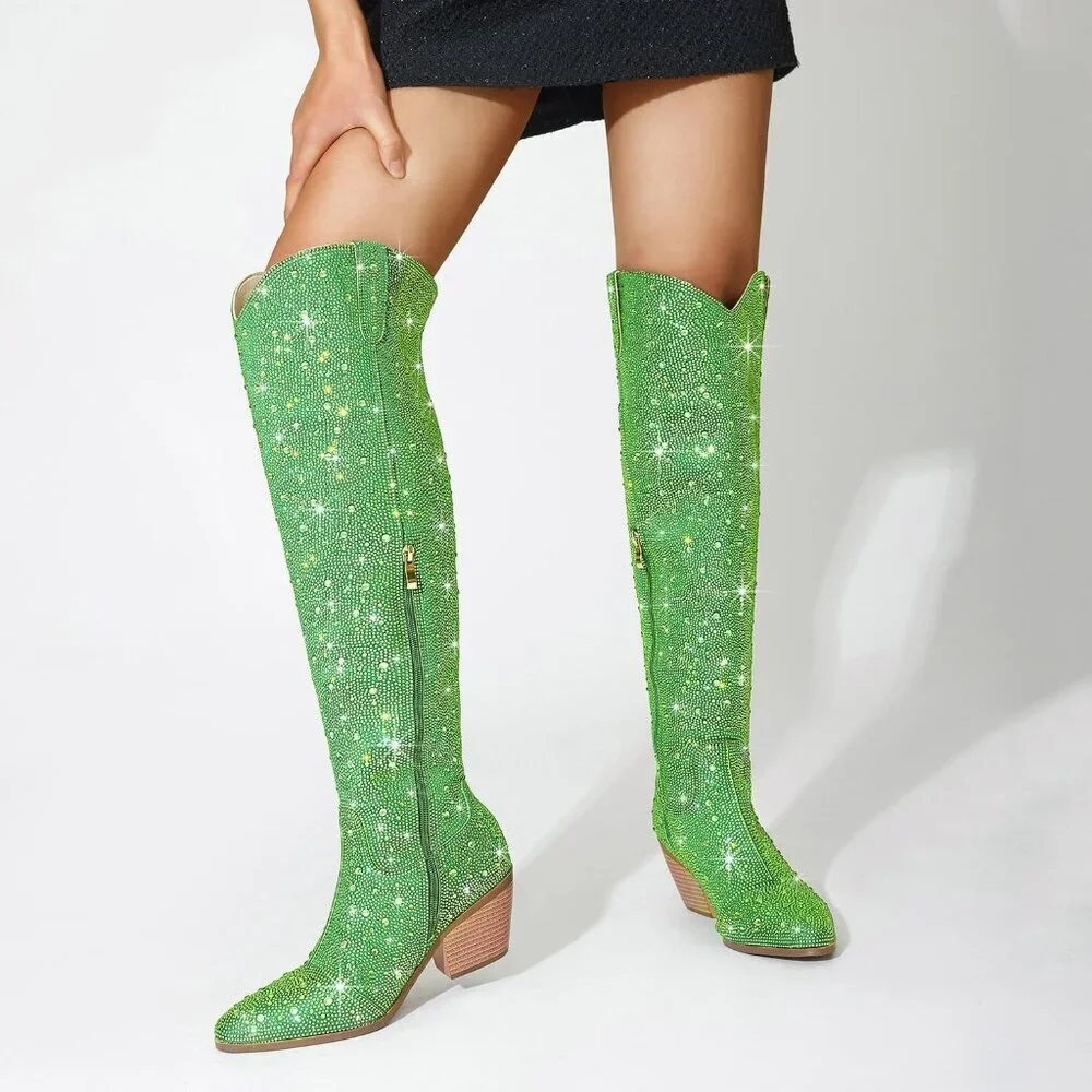 Women Green Faux Leather Sparkly Bling Rhinestone Over the Knee Cowboy Boots